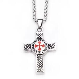Silver & Red Cross Pendant Necklace Crusader Crusades Men's Christmas Birthday